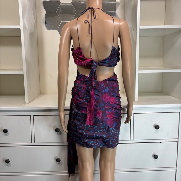 For Love & Lemons Floral Zebra Print Halter Ruched Cutout Dress Size M - Picture 4 of 8